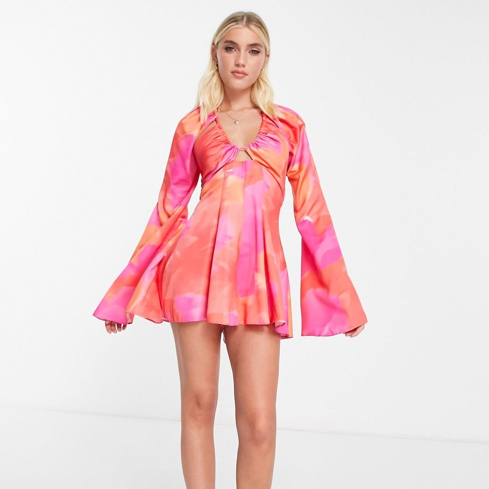 cut out ruched halter neck romper with flare sleeves in carnival floral NEW